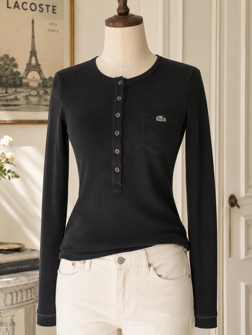 Lacoste Made in France Black Ribbed Long Sleeve Henley Shirt Pocket Logo Size 42